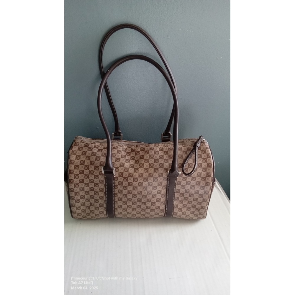 Liz Claiborne Monogram Satchel Barrel Bag Brown Tan Checkerboard Shoulder Bag